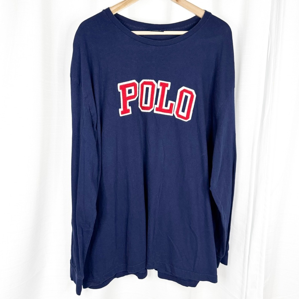 Polo Ralph Lauren Mens XL Navy Long Sleeve Shirt POLO Spellout Varsity Applique